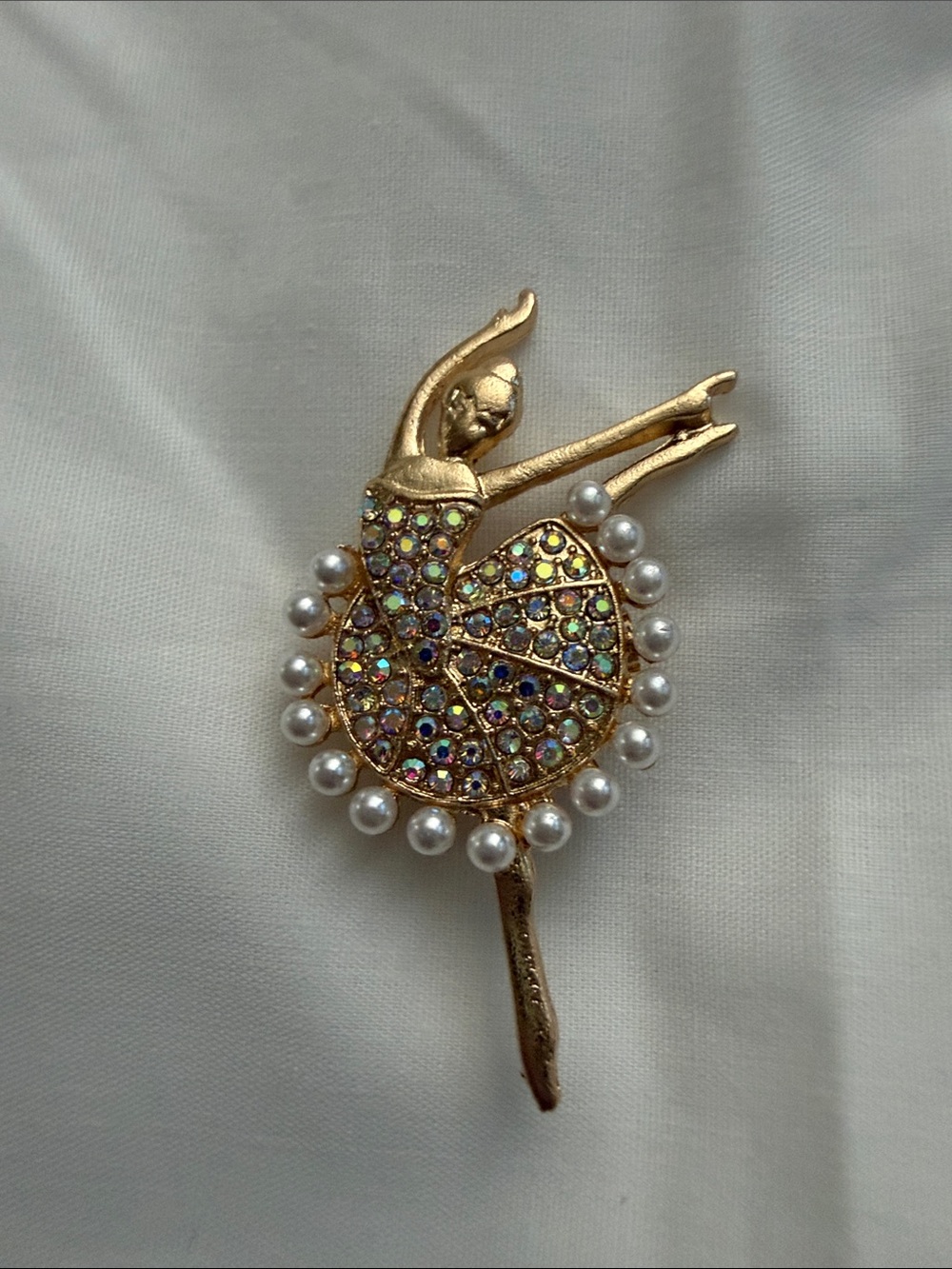 Gold Ballerina Brooch with Crystal Accents and Pearls